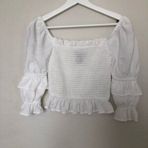 Forever 21 White Puff Sleeve Smocked Blouse
